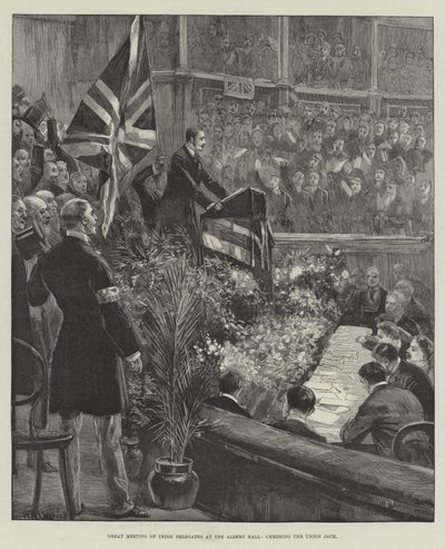Velké setkání irských delegátů v Albert Hall, povzbuzující Union Jack od William Heysham Overend