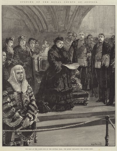 Otevření Královského soudního dvora, Dais na severním konci Central Hall, královna vyhlásila soudy za otevřené od William Heysham Overend