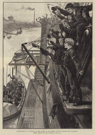 Představení záchranného člunu kadety z Thames Nautical College Ship, Worcester, třikrát hurá pro záchranný člun! od William Heysham Overend
