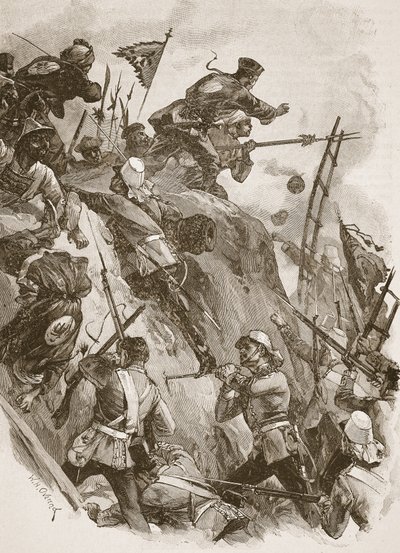 „Rogers se dostal dovnitř, pomohl mu poručík Lenon“, ilustrace z „Bitvy devatenáctého století“ od Archibalda Forbese, G.A. Henty a major Arthur Griffiths od William Heysham Overend