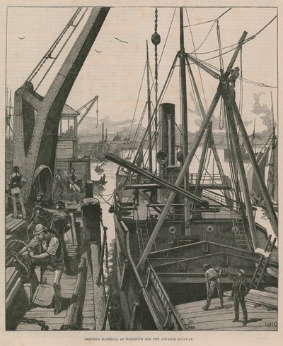 Přepravní materiál ve Woolwichi pro železnici Souakim (rytina) od William Heysham Overend
