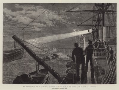 Britská flotila v Marmorském moři hledá torpédové čluny elektrickým světlem na palubě HMS Agincourt od William Heysham Overend