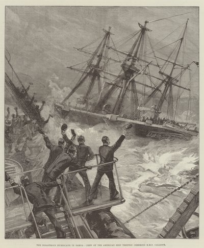 Katastrofální hurikán na Samoe, posádka americké lodi Trenton povzbuzuje HMS Calliope od William Heysham Overend