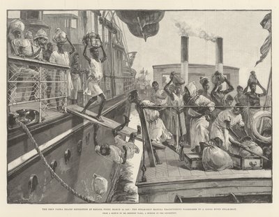 Expedice Emin Paša v Banana Point, 18. března 1887, parník Madura převáží cestující na parník na řece Kongo od William Heysham Overend