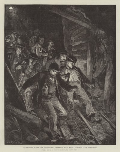The Explosion at the Park Slip Colliery, Aberkenfig, South Wales, Exploring Party klesá od William Heysham Overend