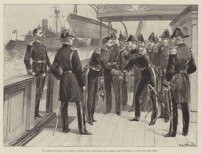 Francouzská eskadra na Spitheadu, setkání admirála lorda Clanwilliama a admirála Gervaise na palubě lodi Fire Queen od William Heysham Overend