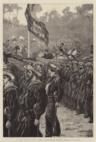 The Great Volunteer Review ve Windsoru, dobrovolníci námořního dělostřelectva pochodující kolem královny od William Heysham Overend