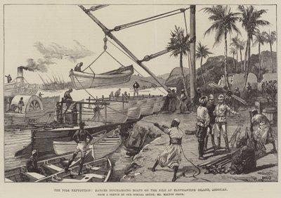Nilská expedice, čluny vykládající čluny na Nilu na Elephantine Island, Assouan od William Heysham Overend