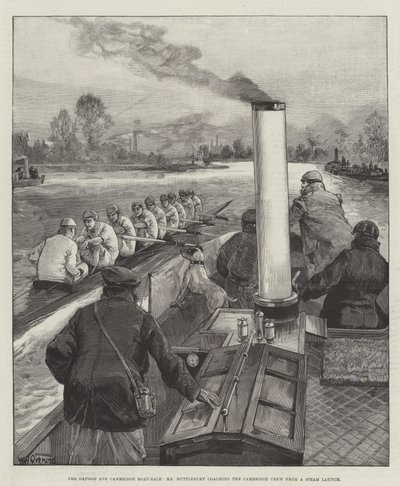 Lodní závod Oxford a Cambridge, pan Muttlebury trénuje posádku Cambridge z parního člunu od William Heysham Overend