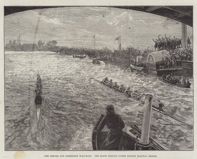 Oxford a Cambridge Boat-Race, lodě proplouvající pod železničním mostem Barnes od William Heysham Overend