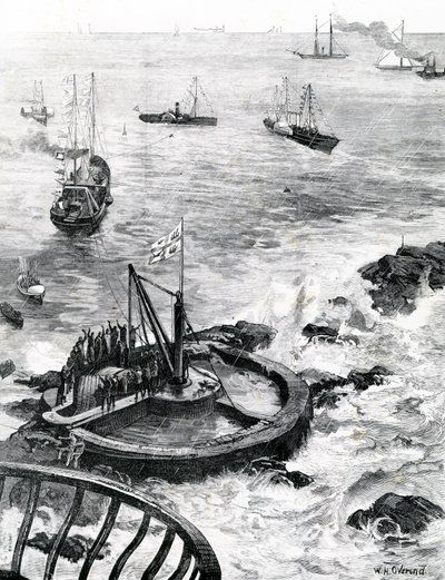 Princ z Walesu a vévoda z Edinburghu pokládají základní kámen nového majáku Eddystone, ilustrace z „The Illustrated London News“, 1879 od William Heysham Overend