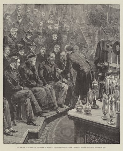 Princ z Walesu a vévoda z Yorku v Royal Institution, profesor Dewar přednášející o tekutém vzduchu od William Heysham Overend