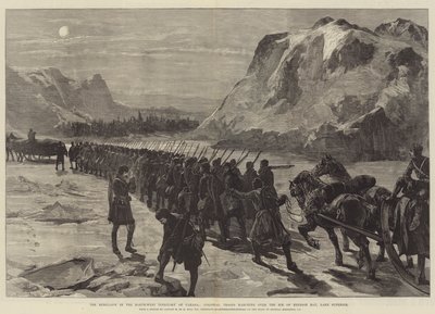 Vzpoura v severozápadním území Kanady, koloniální vojska pochodující přes led Nepigonského zálivu, jezero Superior od William Heysham Overend