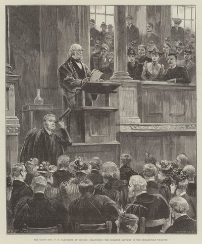 The Right Honorable W E Gladstone v Oxfordu, přednášející Romanes Lecture v Sheldonian Theatre od William Heysham Overend