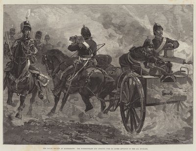 Royal Review na Aldershot, Nordenfelt Gun zahajující palbu, aby pokryl postup 10. husarů od William Heysham Overend