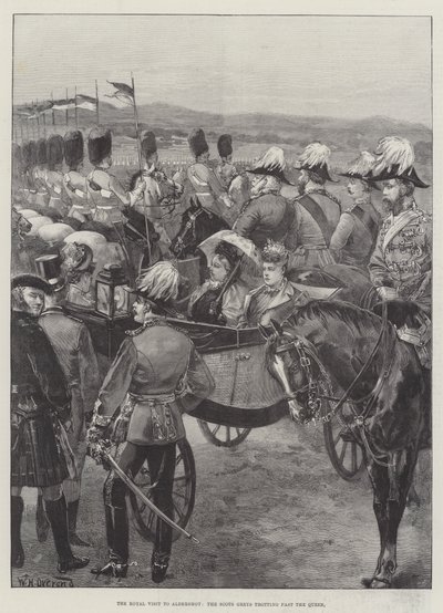Královská návštěva Aldershotu, skotští šedí klusající kolem královny od William Heysham Overend