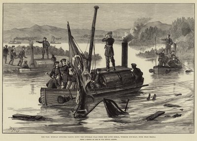 Válka, ruští důstojníci sundali osmanskou vlajku z Lutfi Djelil, tureckého dělového člunu, potopeného poblíž Braily od William Heysham Overend