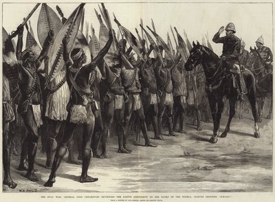 Válka Zuluů, generál lord Chelmsford prohlíží domorodý kontingent na březích Tugely, domorodci křičí H-H-Ooo! od William Heysham Overend