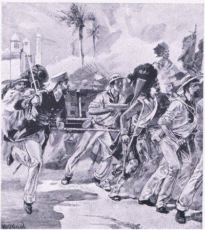 Námořní brigáda z HMS Shannon v Lucknow, listopad 1857, ilustrace z britských bitev na souši a na moři, 1915 od William Heysham Overend