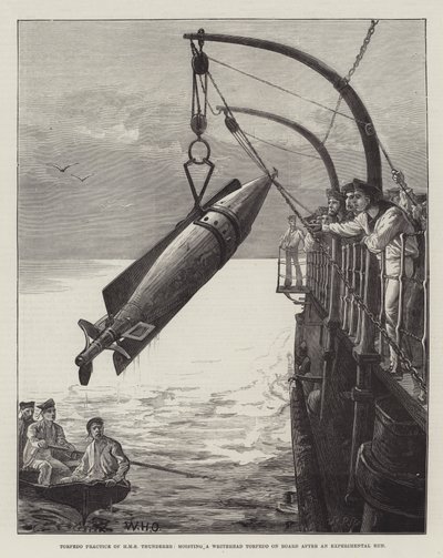 Cvičení torpéda HMS Thunderer, zvedání torpéda Whitehead na palubě po experimentálním běhu od William Heysham Overend
