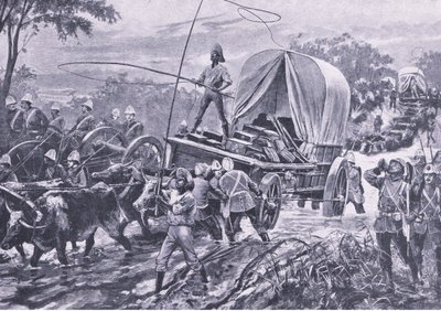Zulu War: The Estowe Relief Force Crossing the stream, duben 1879, ilustrace z britských bitev na souši a na moři, 1915 od William Heysham Overend