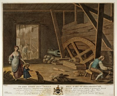 Vnitřní pohled na Scutch Mill, deska V z The Linen Manufactory of Ireland, 1791, od William Hincks