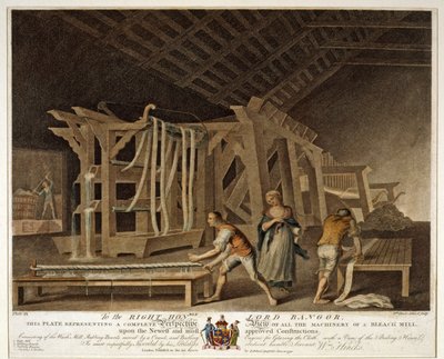 Perspektivní pohled na všechny stroje bělidla, deska IX knihy The Linen Manufactory of Ireland, 1791 od William Hincks