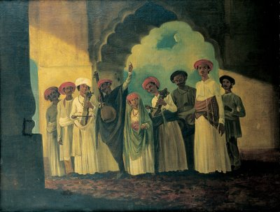 Skupina indických hudebníků hrajících na sarangi, tamburu a tablas s dívkou tančící na terase od William Hodges