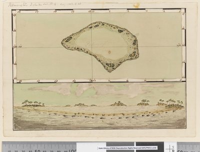 Strana 25b/a Mapa a profil ostrova Palmerston od William Hodges