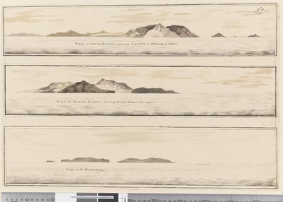 Page 7 a) Pohled na Porto Santo. Napsáno inkoustem podél spodního okraje „Pohled na Porto Santo táhnoucí se od SSZ k WBW vzdálené 5 mil“ (b) Pohled na Porto Santo se severem. Napsáno inkoustem na spodním okraji „Pohled na Porto Santo se severem vzdálené 2  od William Hodges