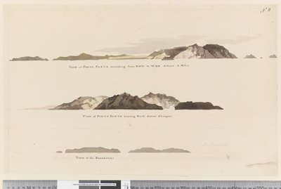Page 8 (a) Pohled na Porto Santo sahající od NNW k WBN vzdálené 5 mil (b) Pohled na Porto Santo se severem vzdálené 2 ligy a (c) Pohled na The Deserters od William Hodges