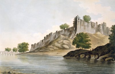 Pl. 33 Pohled na pevnost Ilionpoor na břehu řeky Goomty z knihy "Select Views in India", vyd. 1785-88 (kolorovaný lept s akvatintou) od William Hodges
