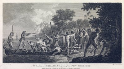 Vylodění na Erramanga (nebo Eromanga), jednom z ostrovů Vanuatu (dříve Nové Hebridy, souostroví v Tichém oceánu), zobrazující posádku kánoe bojující s bojovníky z ostrova. od William Hodges