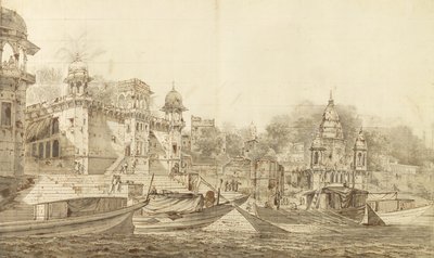 Pohled na část města Benares, kolem roku 1781 (šedé mytí štětcem a inkoustem přes tužku na papíře položeném na mycím držáku) od William Hodges