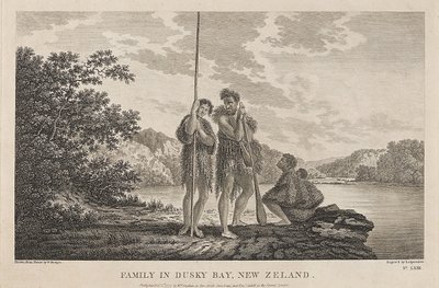 Pohled na záliv Bay of Islands (Dusky Bay) (Nový Zéland) s maorskou rodinou. Rytina (33,9x47,1 cm) podle kresby Williama Hodgese (1744-1797), kolem roku 1785. od William Hodges
