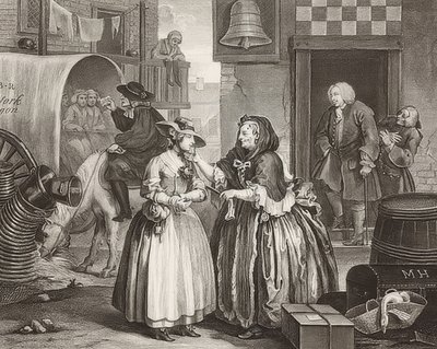 S Progress / Cesta kurvy, List 1: Přílet do Londýna. 1732 od William Hogarth