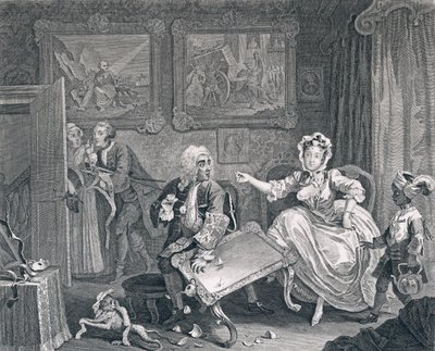 Pokrok nevěstky, deska druhá: Hádky s jejím židovským ochráncem, 1732 (lept a rytina) od William Hogarth