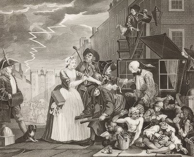 A Rake? S Progress, Plate 4: The Rake Arrested, Going to Court / Der Weg eines Liederlichen, Blatt 4: Tom Rakewell zatčen a zachráněn. 1735 od William Hogarth