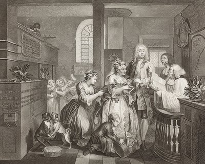 A Rake? S Progress, Plate 5: The Rake Marrying an Old Woman / The Path of a Dissolute, List 5: Tom Rakewell si bere bohatou starou ženu). 1735 od William Hogarth