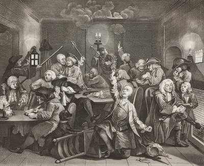 A Rake? S Progress, Plate 6: The Rake at a Gaming House / Der Weg eines Liederlichen, Blatt 6: Tom Rakewell v herně. 1735 od William Hogarth