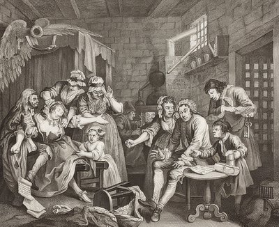 A Rake? S Progress, Plate 7: The Rake in Prison / The Path of a Verbosom, List 7: Tom Rakewell ve vězení. 1735 od William Hogarth