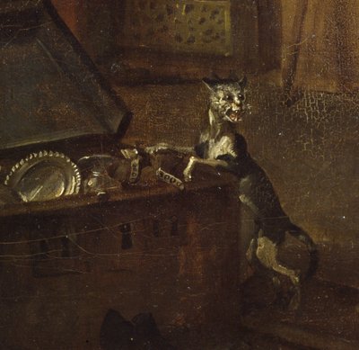 Kočka s truhlou, detail z A Rakes Progress I: The Rake Takeing Possession of his Estate, 1733 detail olej na plátně z 72326 od William Hogarth