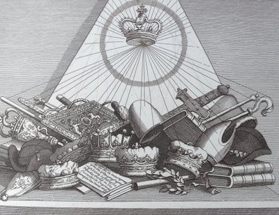 Koruna, mitres, maces atd od William Hogarth