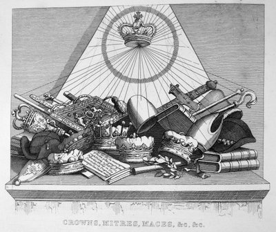 Koruny, mitry, palcáty atd., 1754 od William Hogarth