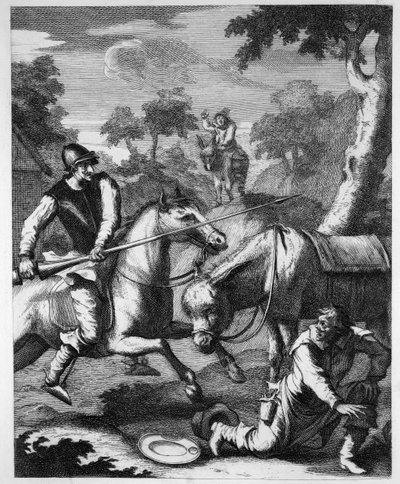 Don Luixote se zmocní Baibeis Bason pro helmu Mambrinos od William Hogarth