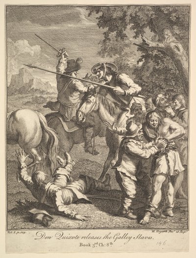 Don Quijote vydává Galley Slaves Six Illustrations pro Dona Quijota, 1756 nebo později. od William Hogarth