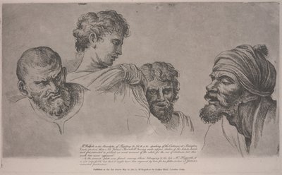 Čtyři hlavy z karikatur Raphaela v Hampton Court, kolem roku 1729 (lept) od William Hogarth