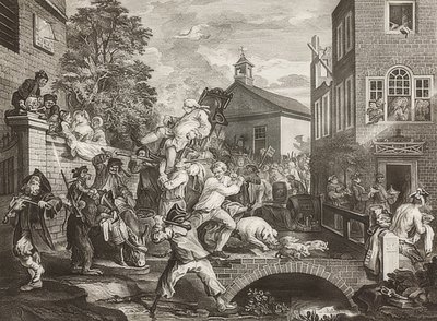 Čtyři tisky voleb / Všeobecné volby. List 4: Předsednictví poslanců / Triumfální průvod poslanců. 1758 od William Hogarth