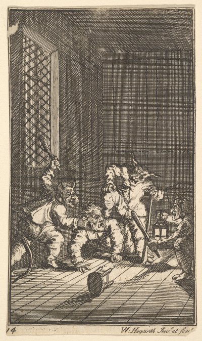 Hudibras katechizoval sedmnáct malých ilustrací pro Samuela Butlerse Hudibras, no. 14, 1721-26. od William Hogarth