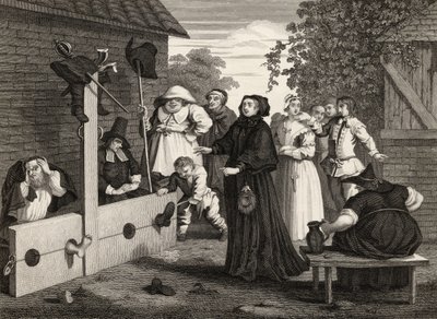 Hudibras a Ralpho v punčochách, z knihy "Hudibras" od Samuela Butlera (1612-80), vyryl J. Romney, z knihy "The Works of William Hogarth", vydané v roce 1833. od William Hogarth